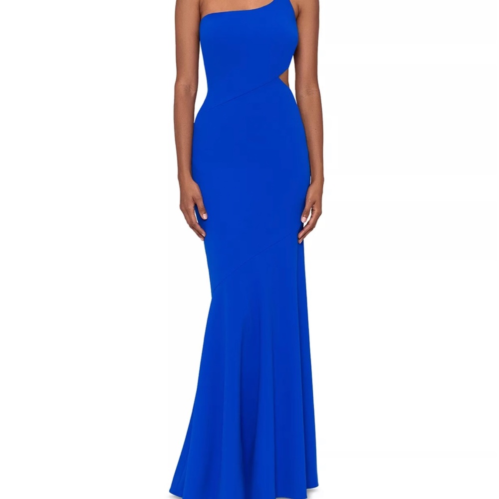 Betsy & Adam        One Shoulder Cutout Gown
